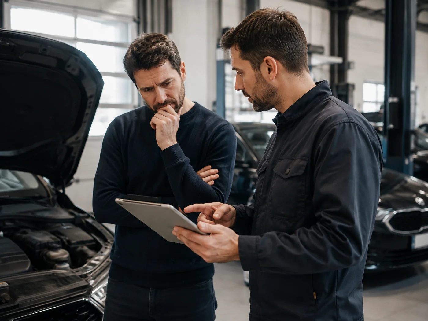 Un technicien commente un diagnostic sur tablette avec un automobiliste, devant un moteur ouvert dans un atelier